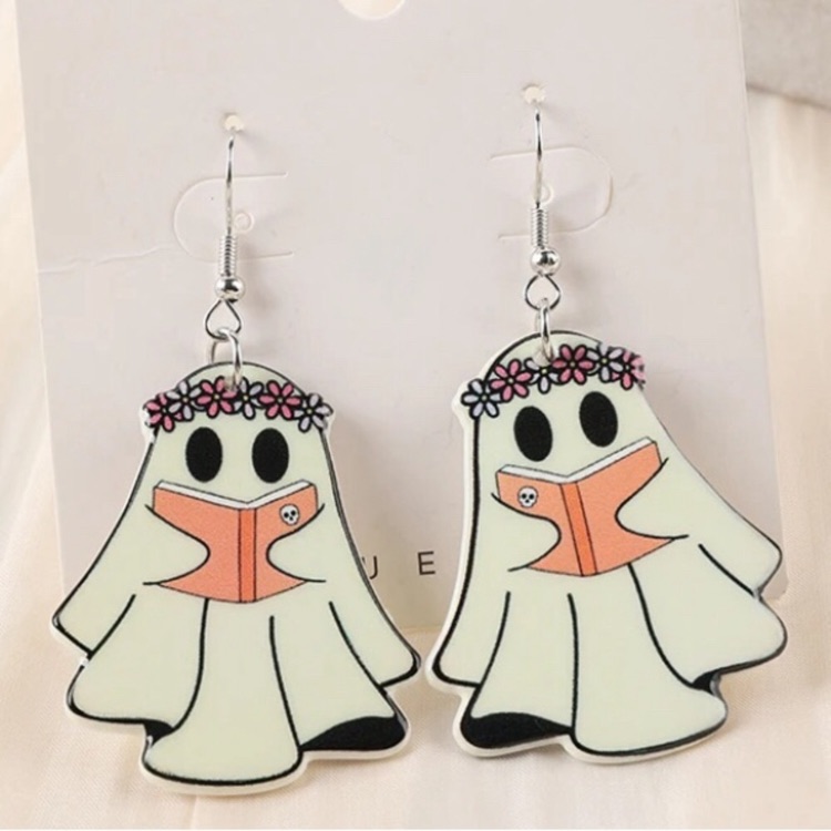 Halloween - Festive Ghost Dangle Earrings Reading A Book With Flower Crown - Nwt